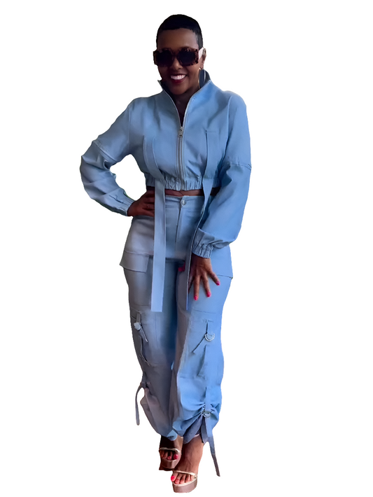 Denim Safari Style Elastic Streetwear Long Sleeve Zipper Bandage Jean Jacket +  Multi-Pocketed Cargo Jeans 2-Piece Set