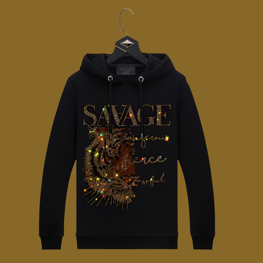 "SAVAGE" Men's Sparkling Glitter Gold Tiger Rhinestone Hoodie Sweatshirt