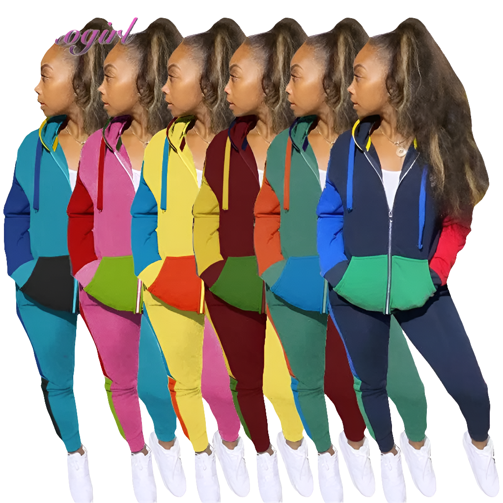 Colorblock Patchwork Women Casual Long Sleeve Zipper Hoodie Jacket + Sweatpants Tracksuit