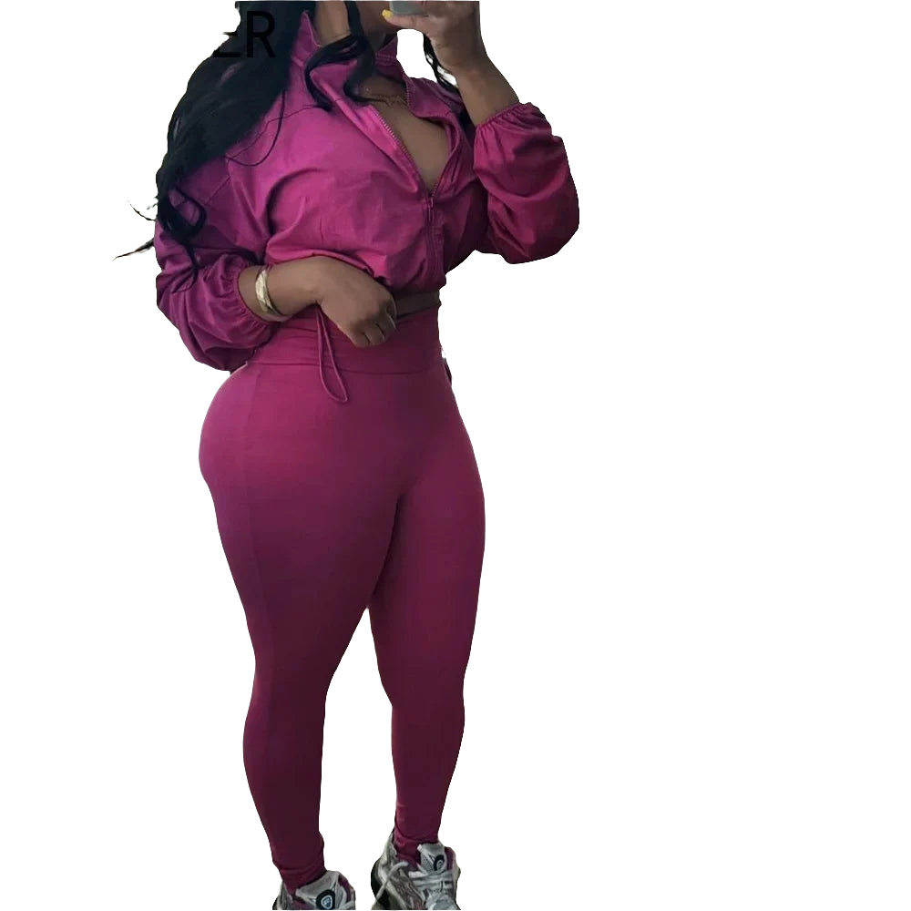 Pullover Women's Long Sleeve Drawstring Zipper Cropped Sweatshirt + Elastic Waist Leggings Tracksuit