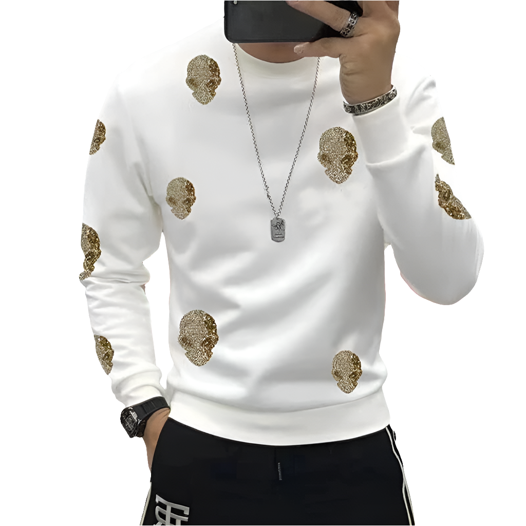 Men's Rhinestone Skull Print Pullover Long Sleeve Round Neck Fleece Sweatshirt