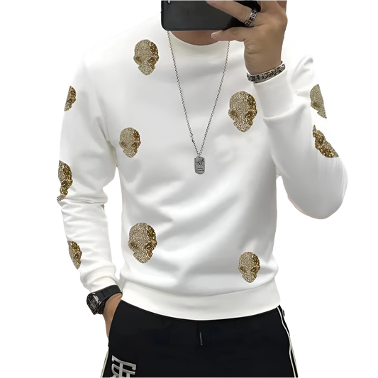 Men's Rhinestone Skull Print Pullover Long Sleeve Round Neck Fleece Sweatshirt