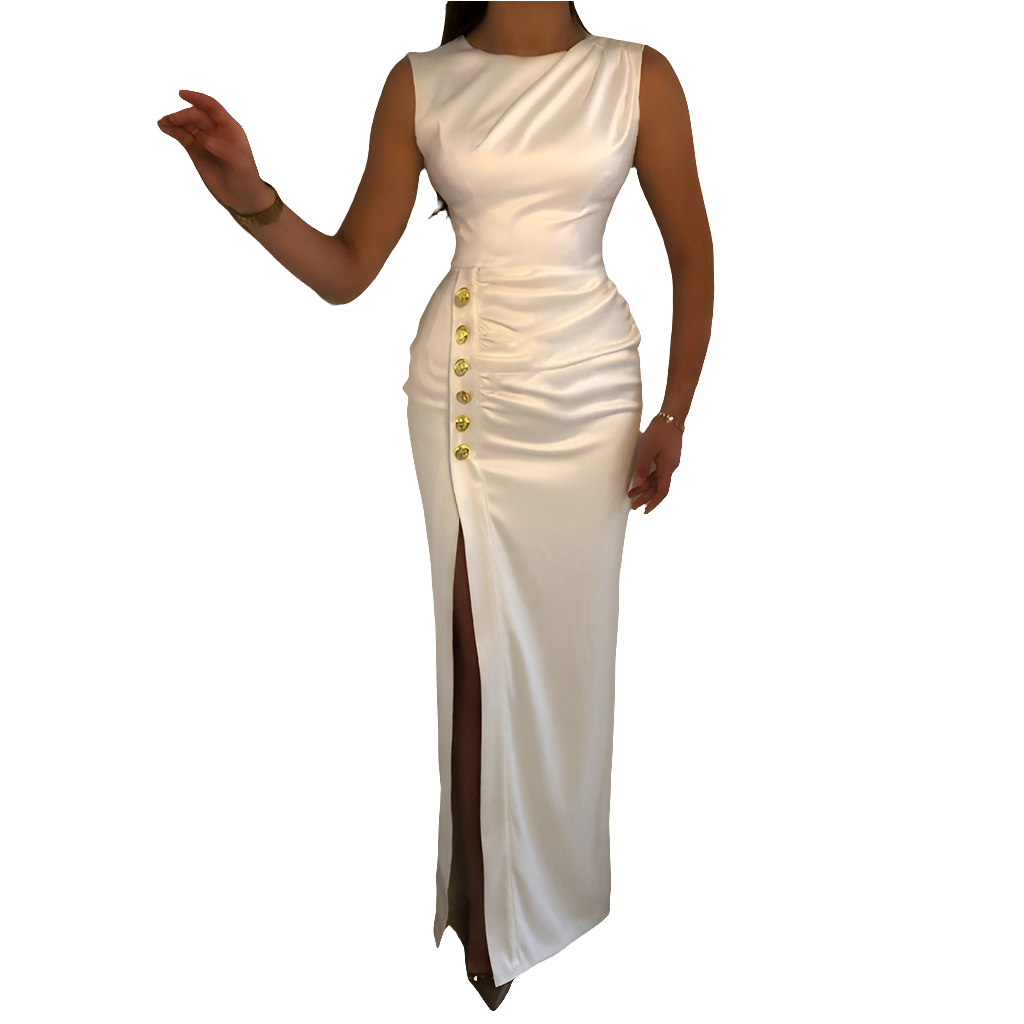 Satin Sleeveless Ruched White Solid Color Gold Button Design High Slit Halter Formal Maxi Dress