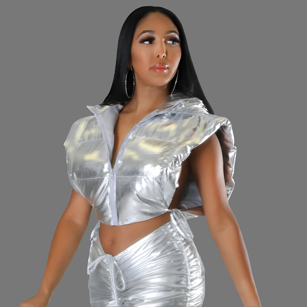 Shiny Women's Bandage Side Slit Sleeveless Cropped Zipper Puffer Hoodie Vest