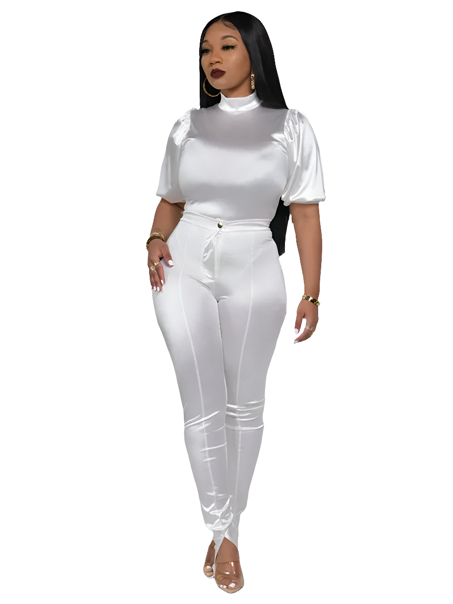 Satin Turtleneck Puff Short Sleeve Blouse + Split Hem Flare Pants 2-Piece Set