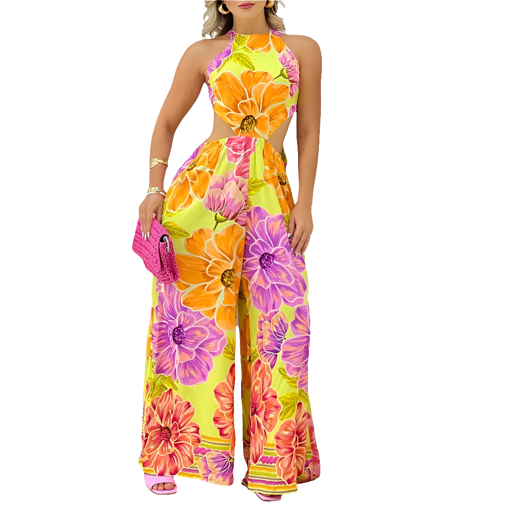Pastel Flower Print Halter Lace-Up Sleeveless Backless Wide Leg Jumpsuit