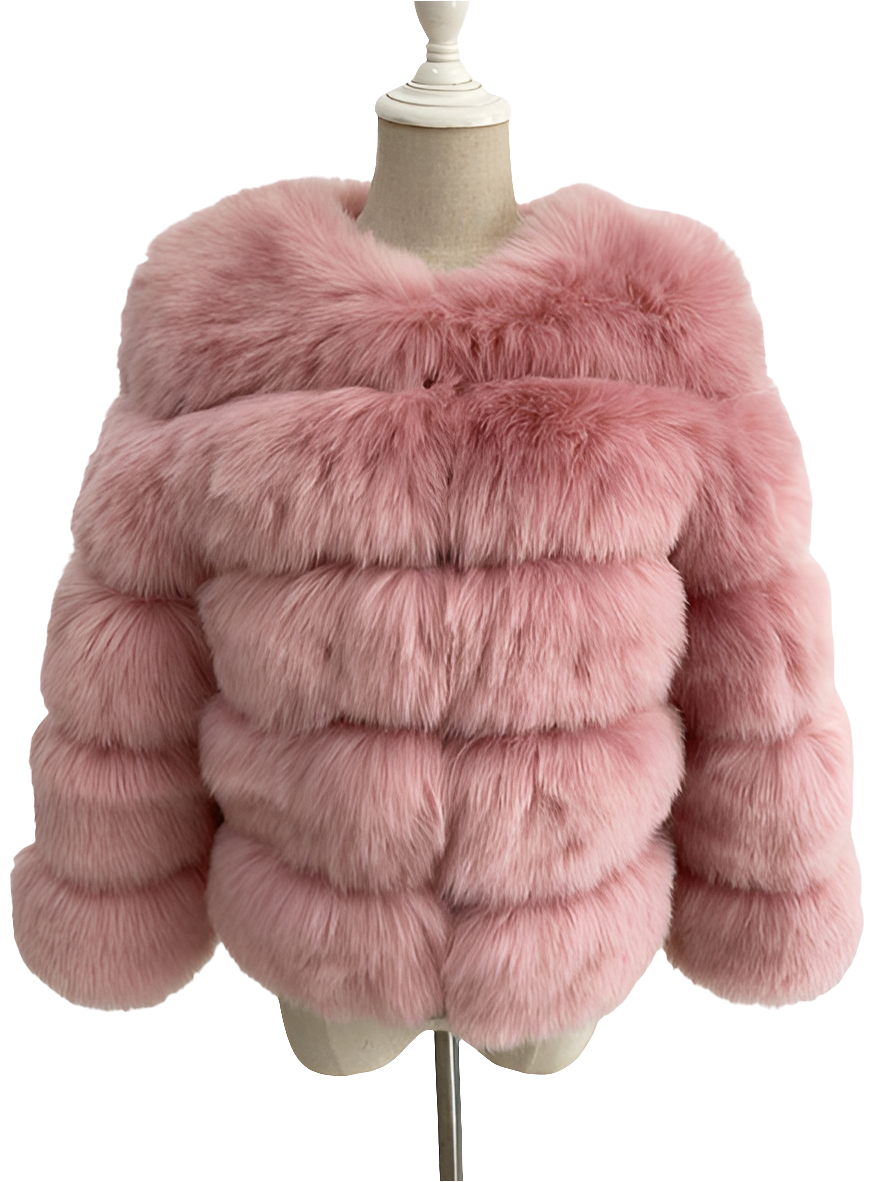 Vintage Solid Faux Mink Fur Ribbed O-Neck Patchwork Women's Jacket to 3X Plus Size