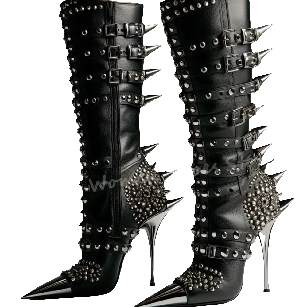 Black Buckle Strap Gladiator Metal Stud Spike Rivet Detail Genuine Leather Crystal Peep Toe Women's Stiletto Heel Boots