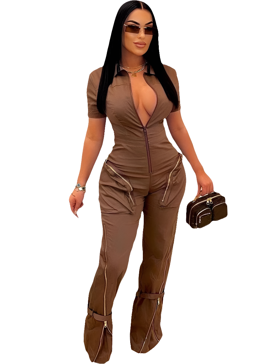 Patchwork Deep V-Neck Zipper Short Sleeve Pocket Women's Cargo Overall Streetwear Jumpsuit