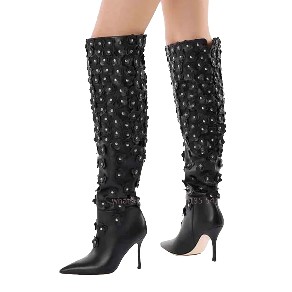 Black Leather Rhinestone Floral Embellished Pointed Toe Knee-High Stiletto Heel Slip-On Women's Boots