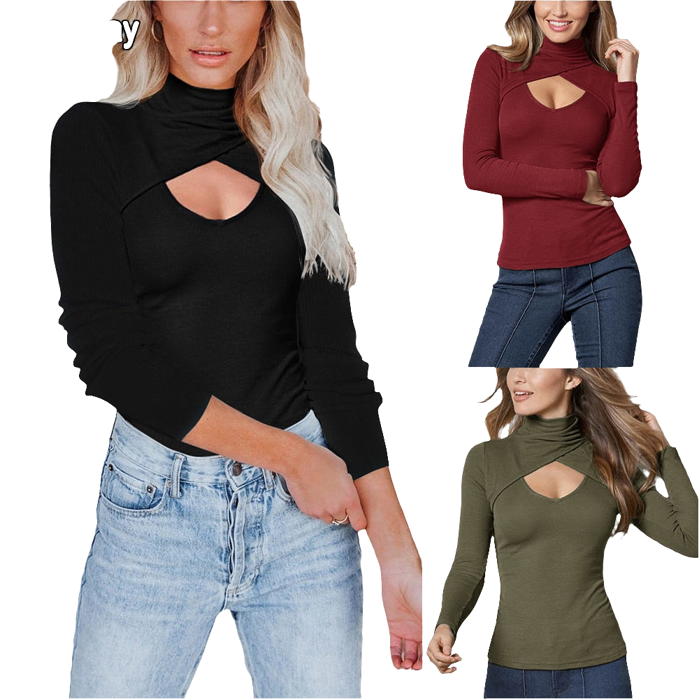 Solid Hollow-Out Threaded Slim Long Sleeve Knitted Ladies Top