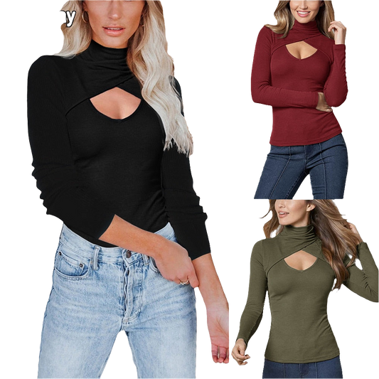 Solid Hollow-Out Threaded Slim Long Sleeve Knitted Ladies Top