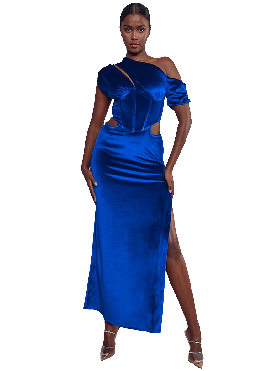 Navy Blue Velvet Diagonal Collar Corset High Slit Solid Party/Prom Formal Maxi Dress