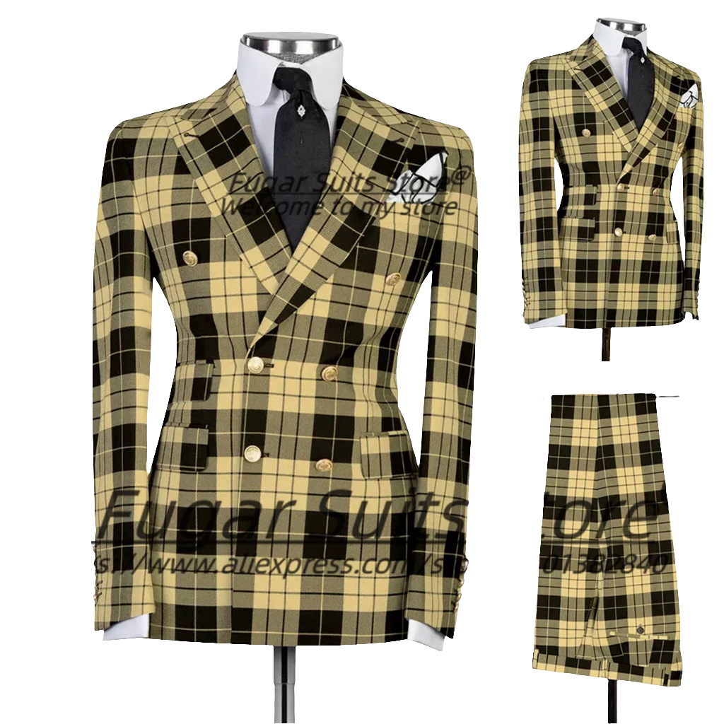 Men's British Plaid Gold Button Detail Double Breasted Tuxedo Blazer Jacket + Pants Formal Prom/Party/Wedding Suit