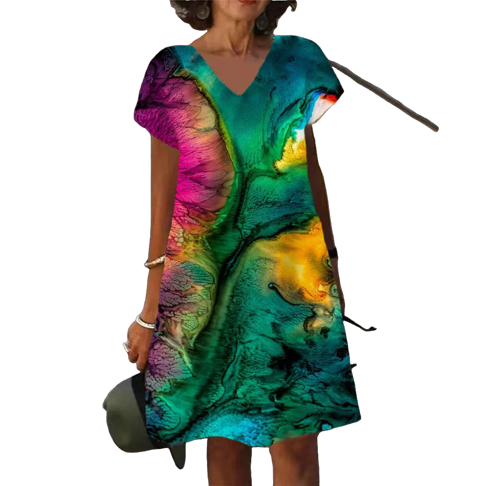 Abstract V-Neck Tie-Dye Rainbow Gradient Colorblock Splash Ink Paint Print A-Line Midi Dress to 6X