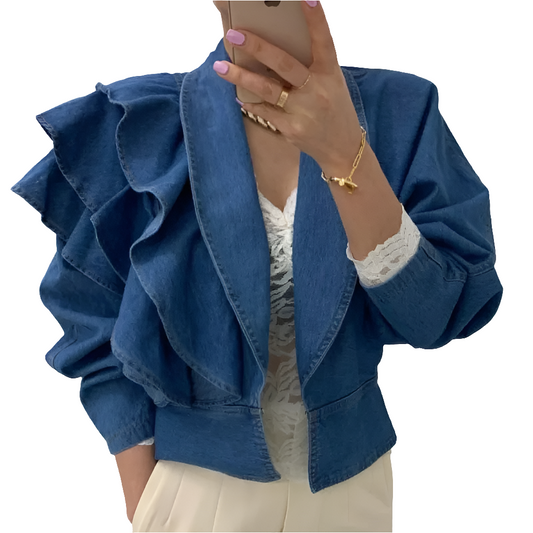 Denim Layered Ruffled Cropped Irregular Women's Turn-Down Collar Puff Sleeve Jean Blazer