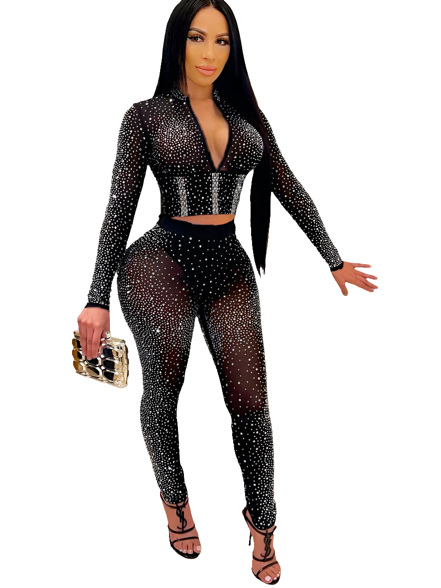 Crystal Mesh Sheer Rhinestone Studded Long Sleeve Crop Top & Leggings 2-Piece Set