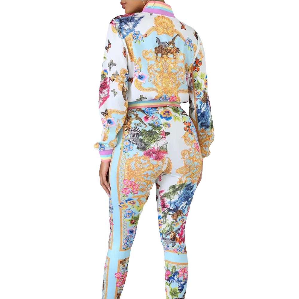 Floral Baroque Pastel Paisley Long Sleeve Blouse + Bodycon Leggings Women's 2-Piece Set