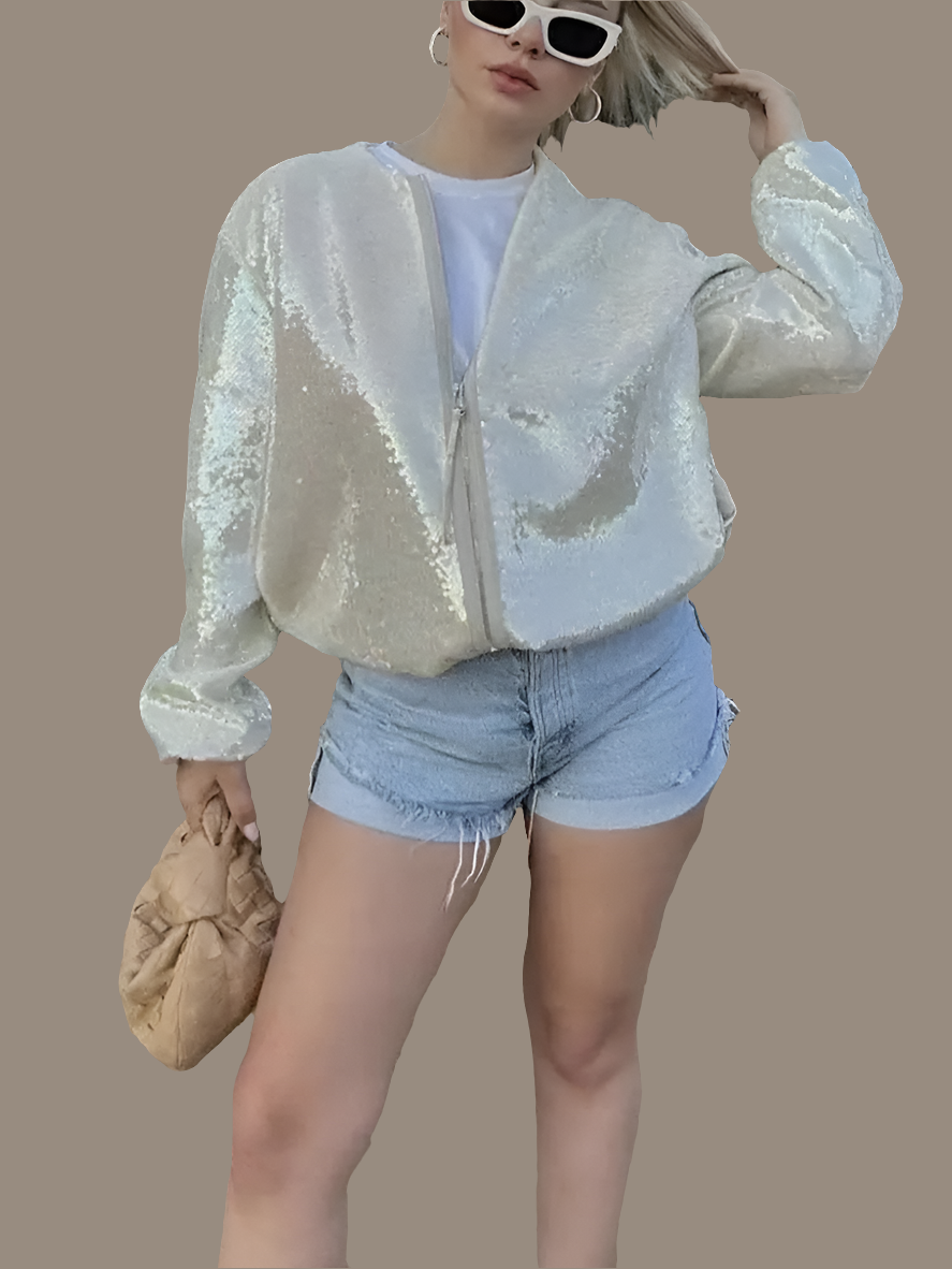 Sequin Metallic Women's Long Sleeve Bomber Jacket