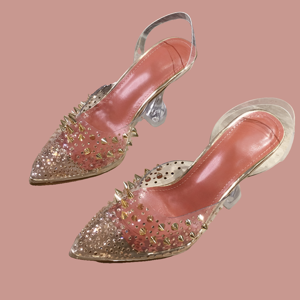 Crystal Rivet Rhinestone Stud Design Clear PVC Transparent Pointed Toe Slingback Spike Heel Pumps