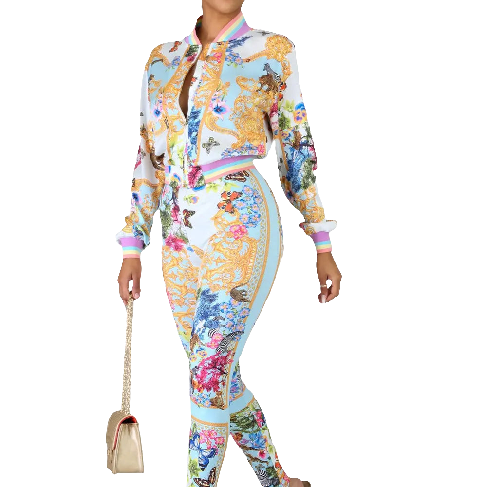 Floral Baroque Pastel Paisley Long Sleeve Blouse + Bodycon Leggings Women's 2-Piece Set