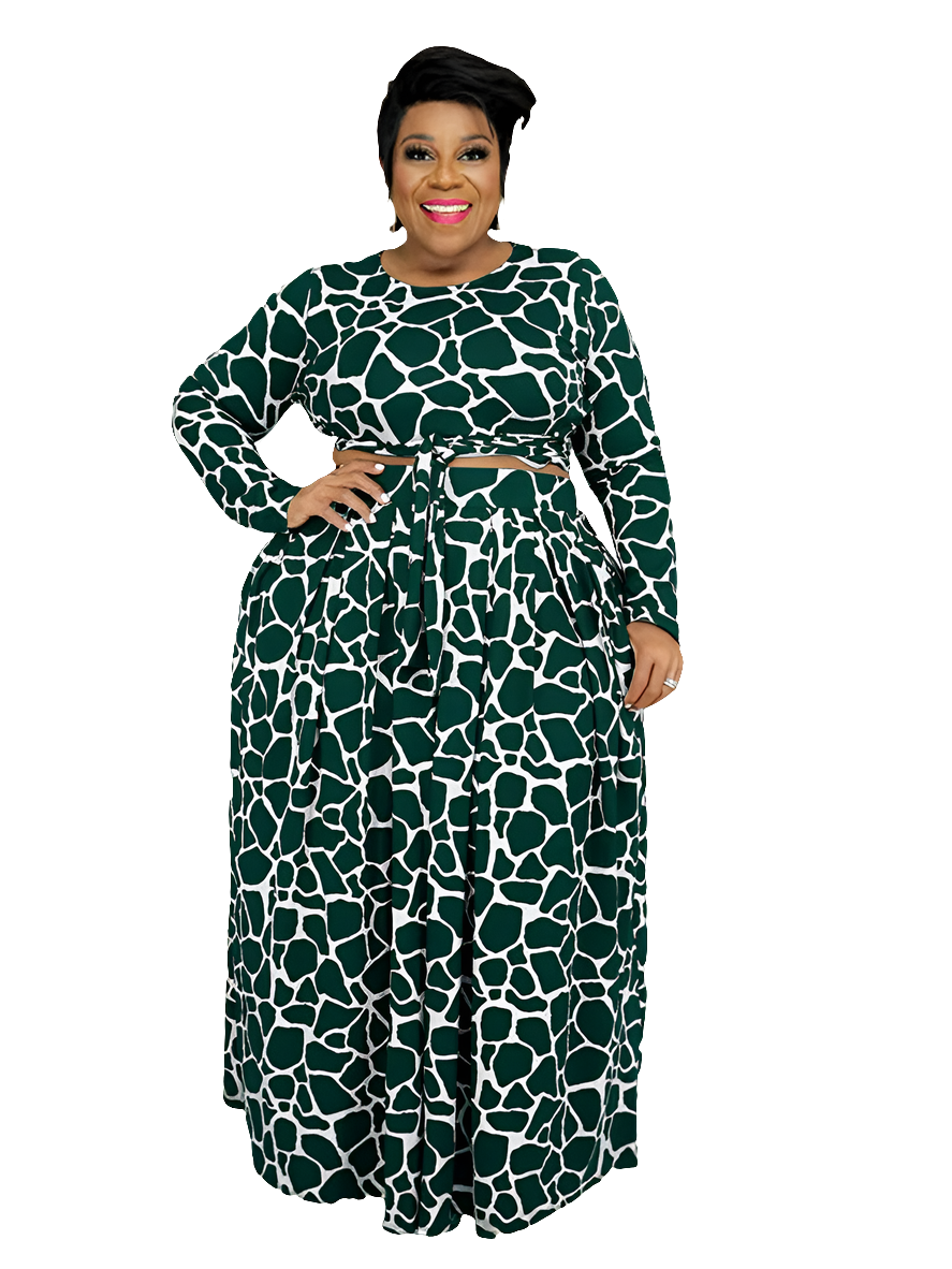 Geometric Print Women's Top Long Sleeve + Big Swing Maxi Skirt 2-Piece Set to 5X Plus Size