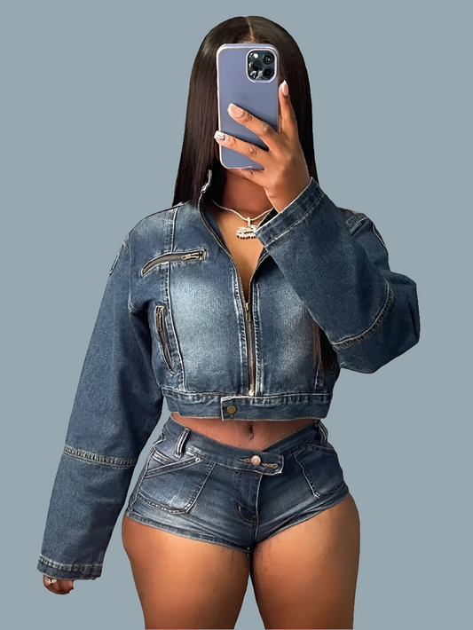 Denim Blue Washed Women's O-Neck Long Sleeve Panelled Cropped Zipper Jean Jacket + Mini Jean Shorts 2-Piece Set
