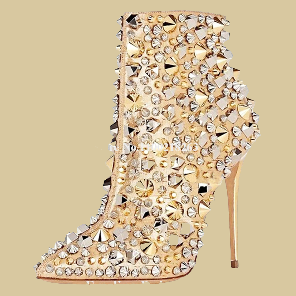 Sparkling Metal Rivet Design Pointed Toe Gold/ Silver/Black Studs Stiletto Heel Women's Ankle Boots