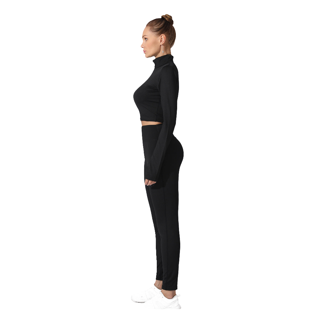 Women's Solid Color Long Sleeve Zipper Pullover Top + Drawstring Leggings Yoga Tracksuit