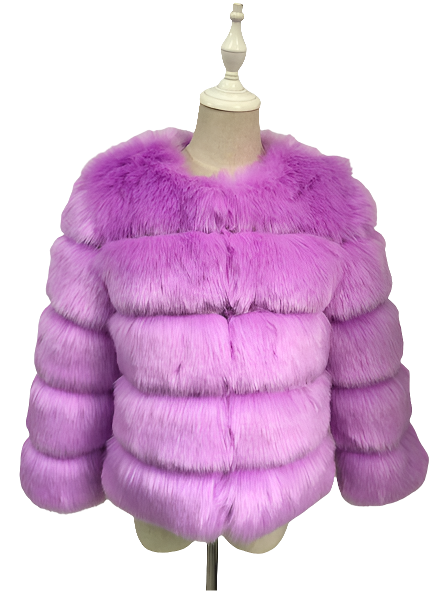 Vintage Solid Faux Mink Fur Ribbed O-Neck Patchwork Women's Jacket to 3X Plus Size