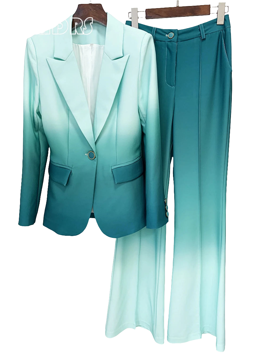 Gradient Colorblock Skinny Notched Women's Single Button Blazer Jacket + Flared Leg Pants Formal Suit