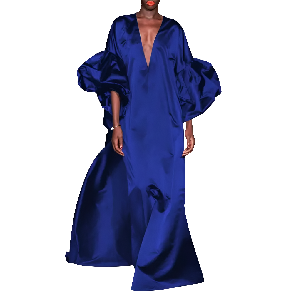 Satin Puff Lantern Sleeve Solid Color Loose Deep V-Neck Bohmeian Maxi Formal Oversized Party Dress to 5X Plus Size