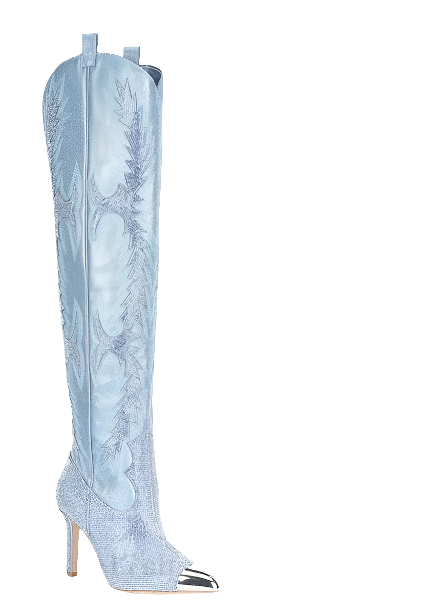 Western Embroidered Rhinestone Embellished Over-the-Knee Pointed Toe Thigh High Boots