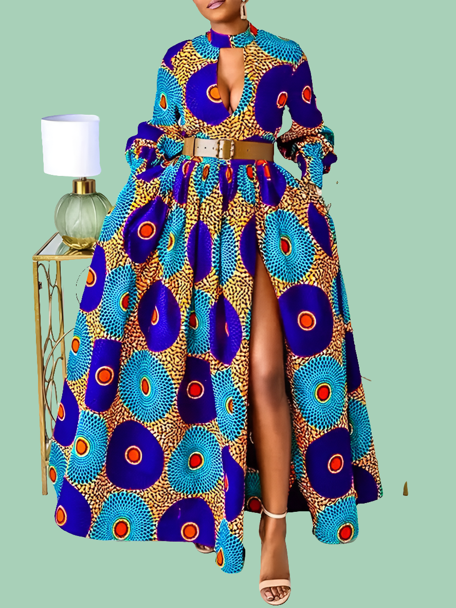 African Floral Print Hollow-Out Long Sleeve High Slit Maxi Sundress