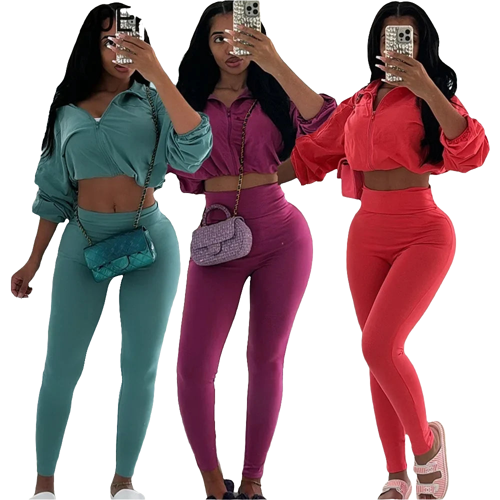 Pullover Women's Long Sleeve Drawstring Zipper Cropped Sweatshirt + Elastic Waist Leggings Tracksuit