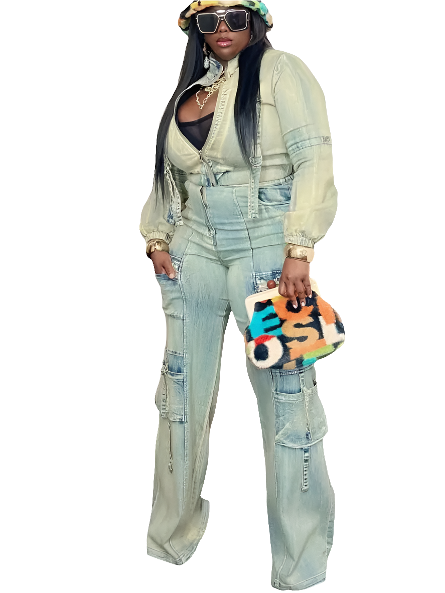 Stretch Faded Denim Women's Long Sleeve Zipper Jean Jacket + Cargo Multi-Pocket Straight Denim Jeans 2-Piece Set