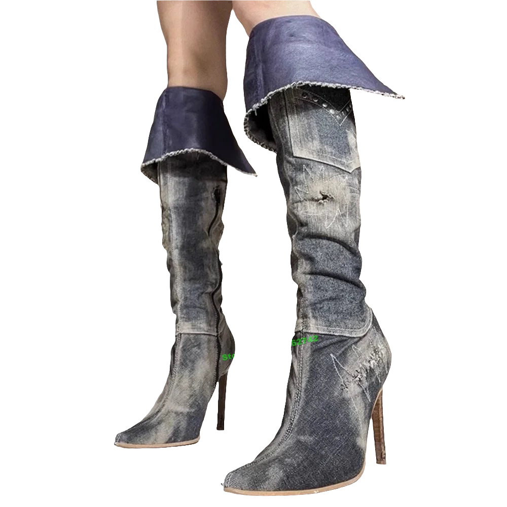 Retro Grey Denim Knee High Pointed Toe Thin High Heel Zipper Boots