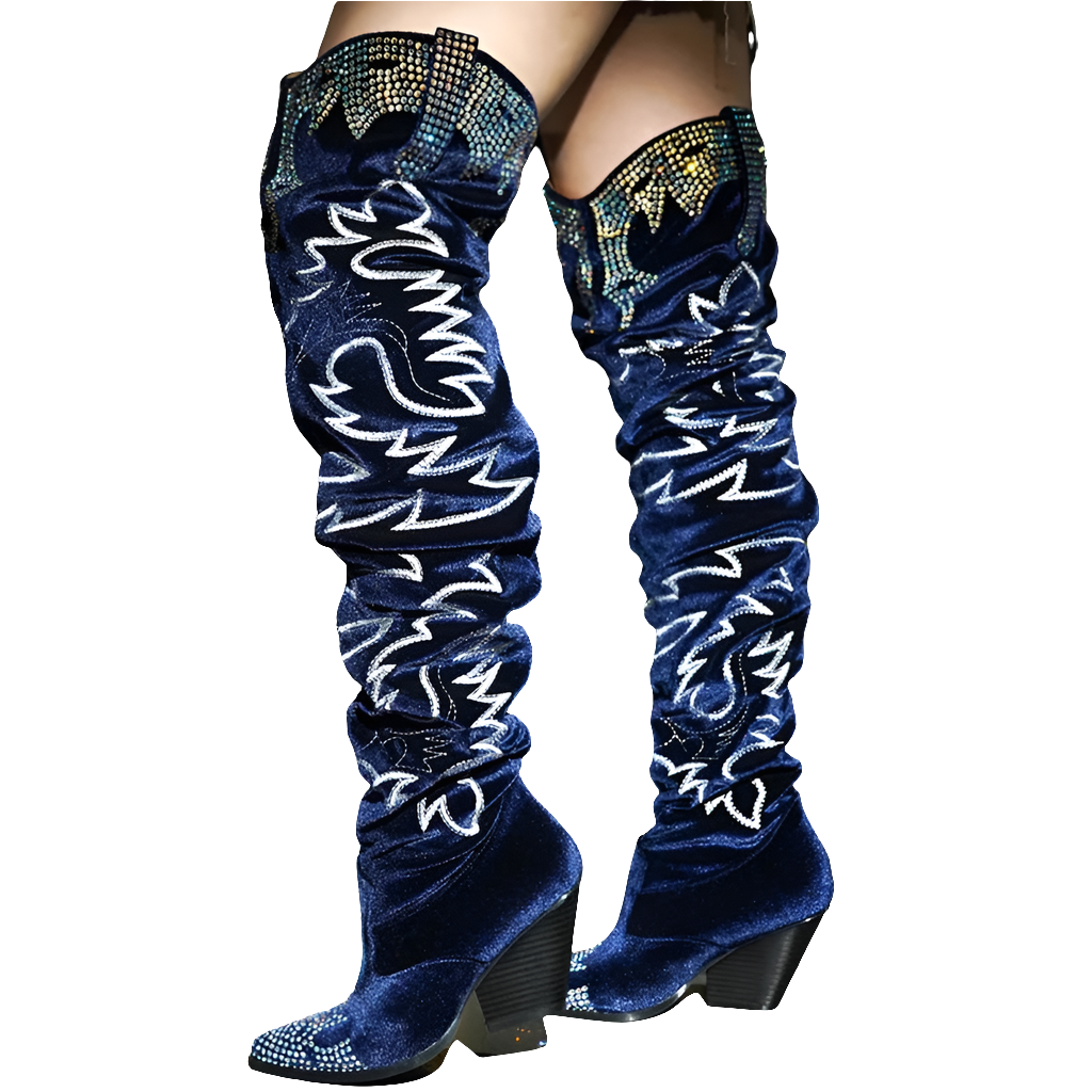 Suede Rhinestone Women's Embellished Over-the-Knee Knee Embroidered Chunky Heel Western Boots