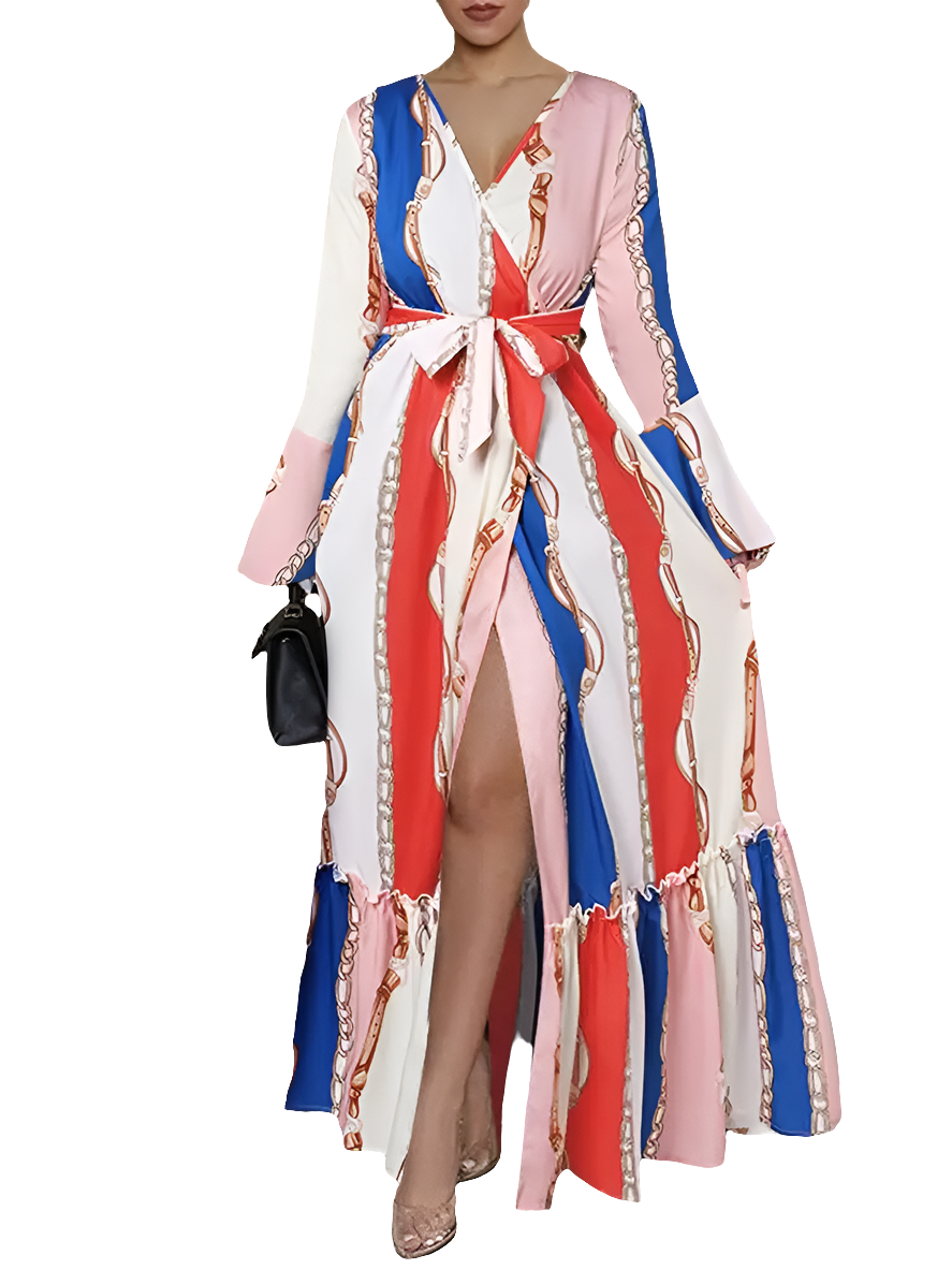 Bohemian Colorblock Striped Printed Long Sleeve Ruffled Belted High Slit Maxi Dress to 5X Plus Size