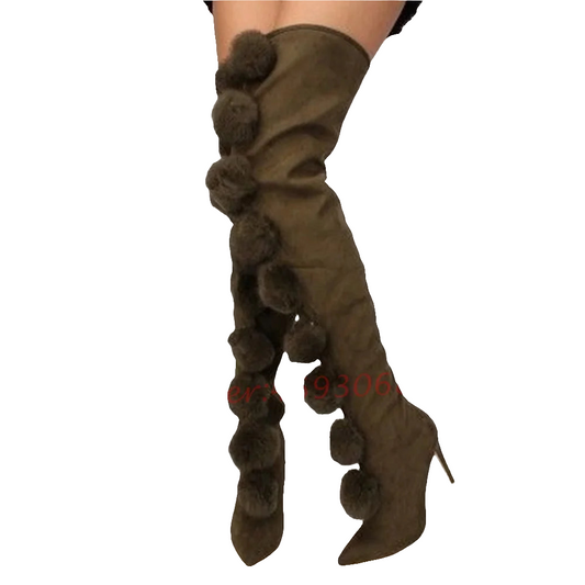 Faux Fur PomPom Detail Thigh High  Women's Thin Stiletto Heels Pointed Toe Over-the-Knee Stretch Boots