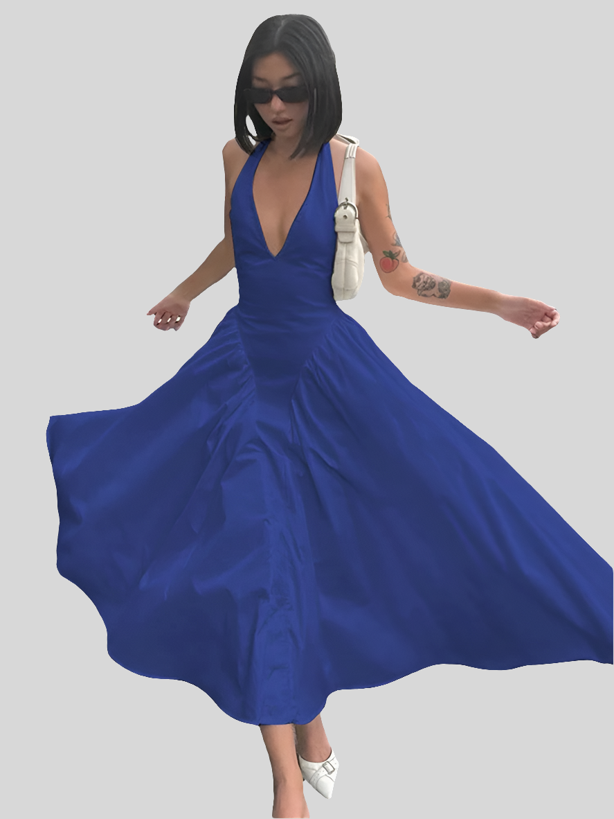 Sleeveless Halter Backless Deep V-Neck Solid Color Big Swing Maxi Dress