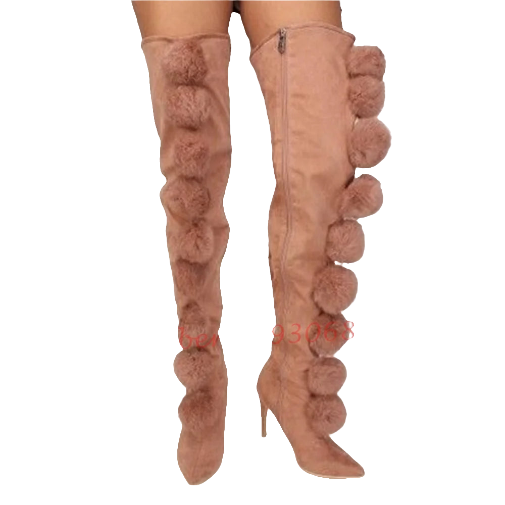 Faux Fur PomPom Detail Thigh High  Women's Thin Stiletto Heels Pointed Toe Over-the-Knee Stretch Boots