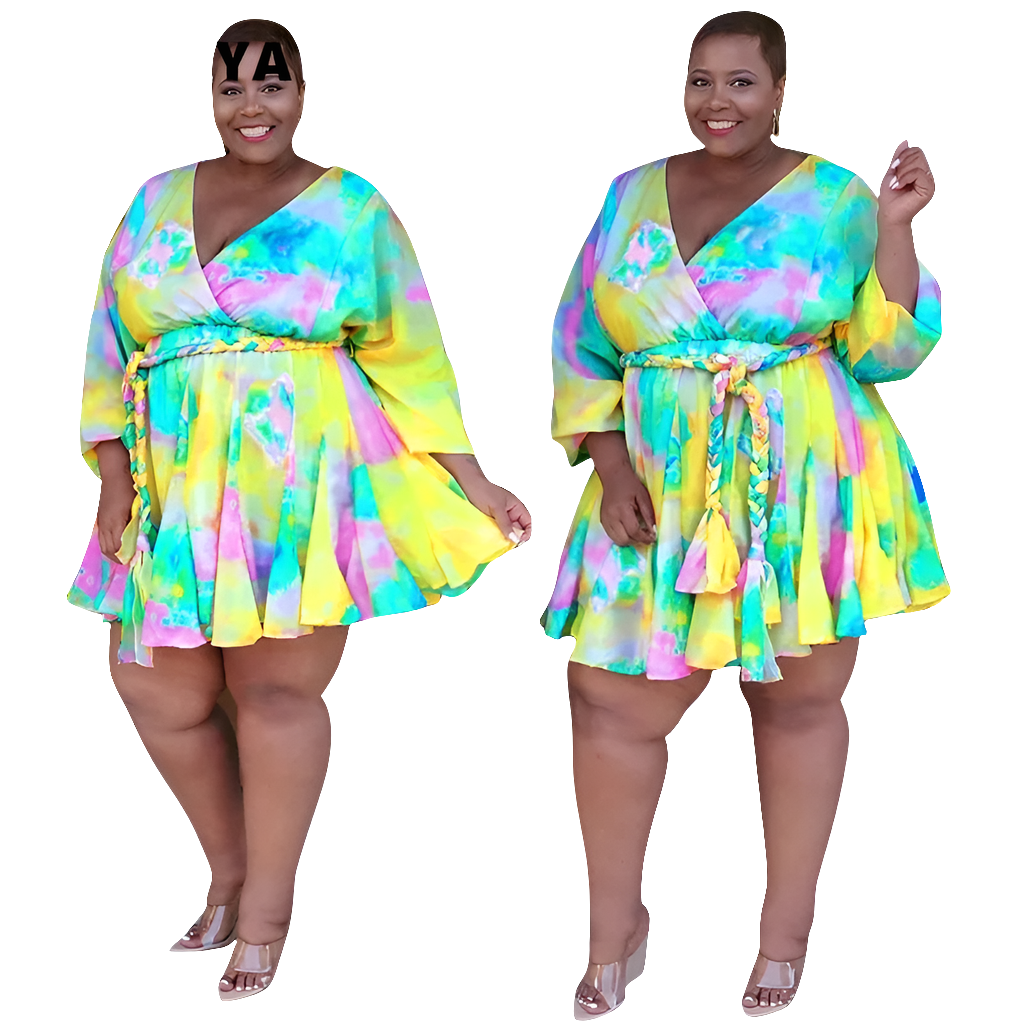 Geometric Multi-Colored Print Long Sleeve Bodycon  Pleated V-Neck Mini Dress w/Sash Belt to 5X Plus Size