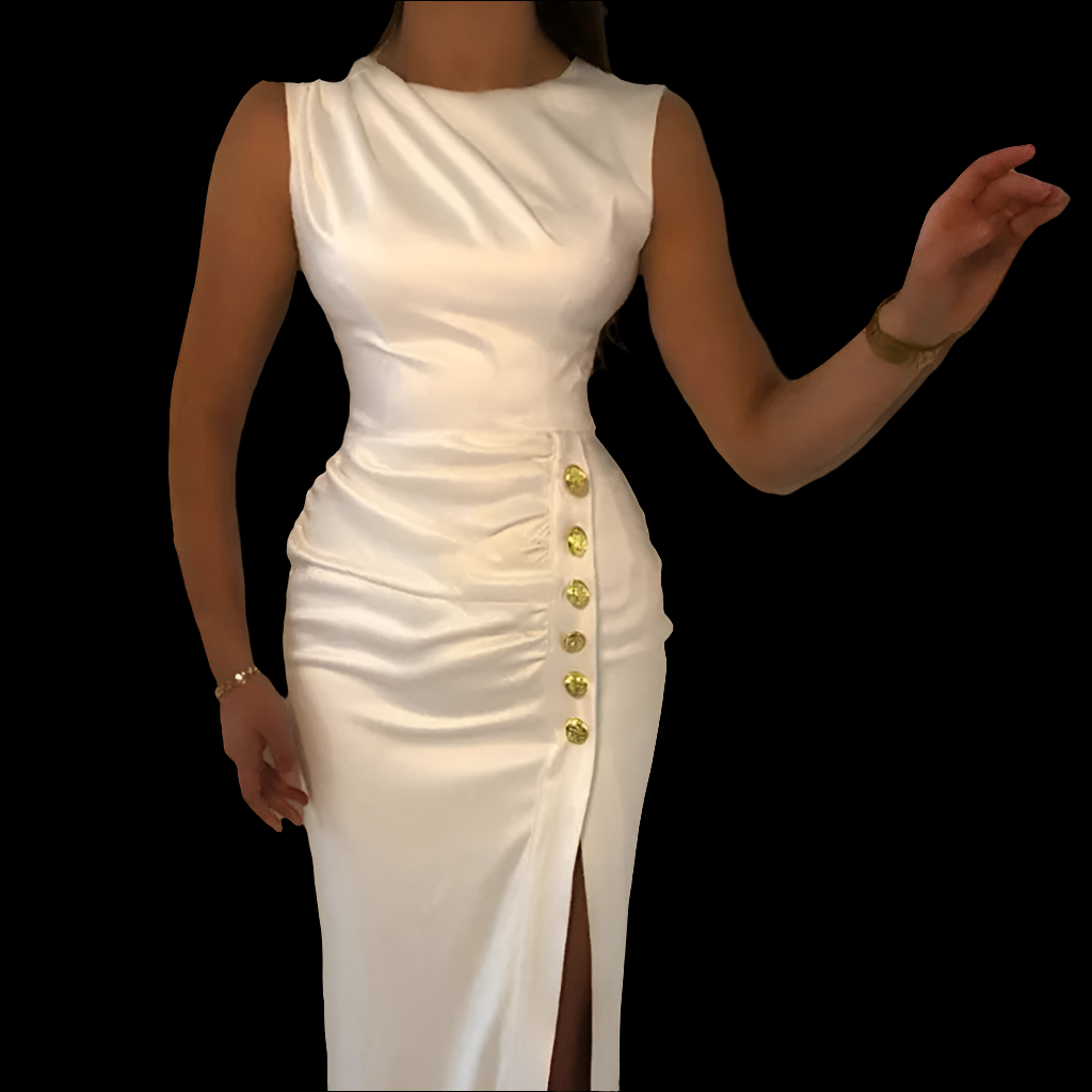 Satin Sleeveless Ruched White Solid Color Gold Button Design High Slit Halter Formal Maxi Dress