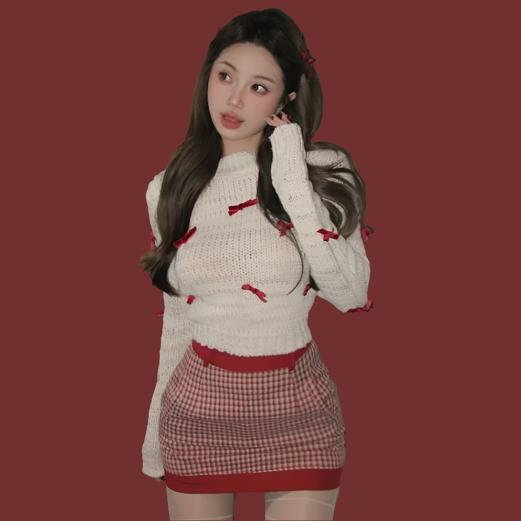 Red Bow Detail Sweater + Knitted Plaid Mini Skirt 2-Piece Sweater Set