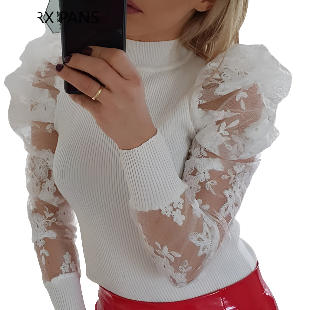 White Lace Transparent Lantern Sleeve Knitted Blouse