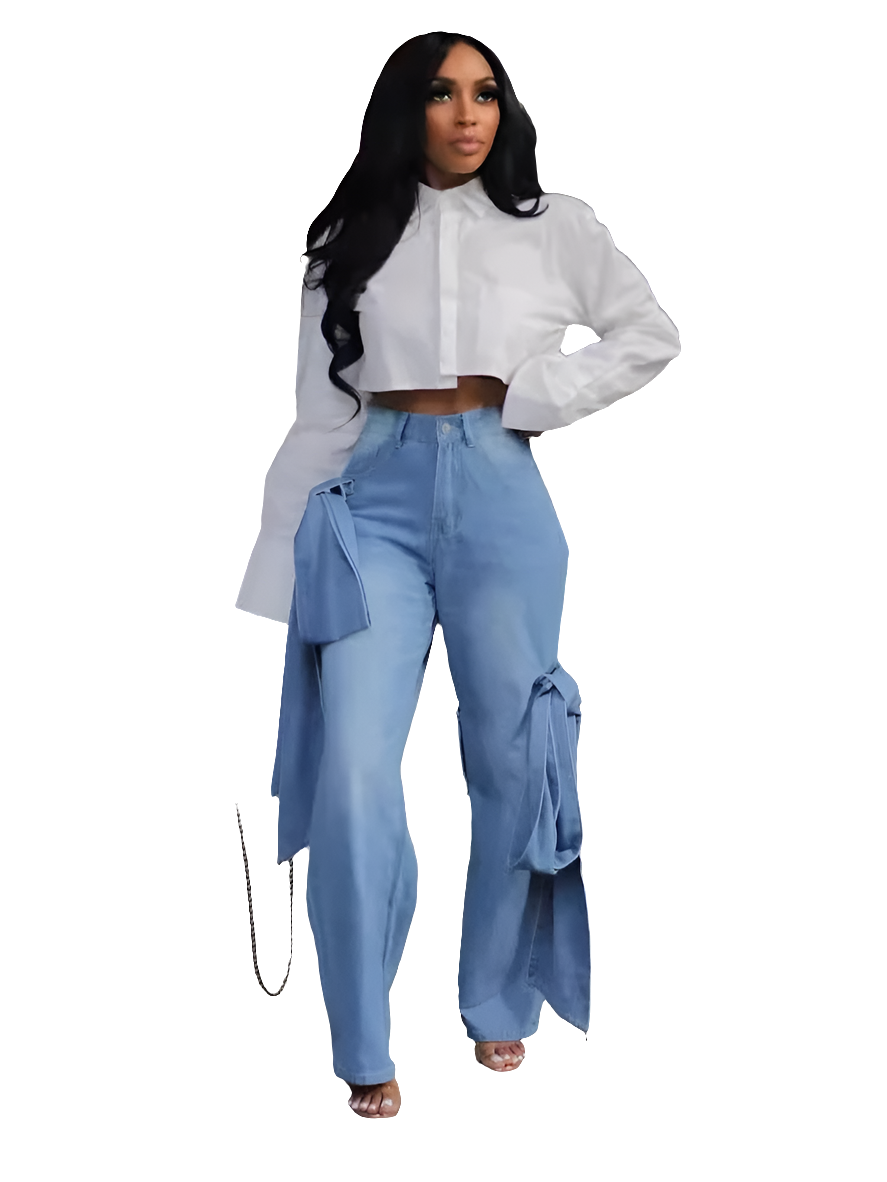 Irregular Denim Oversized Rose Bowstrap Design Women's Streetwear Zipper Fly Wide Leg Jeans