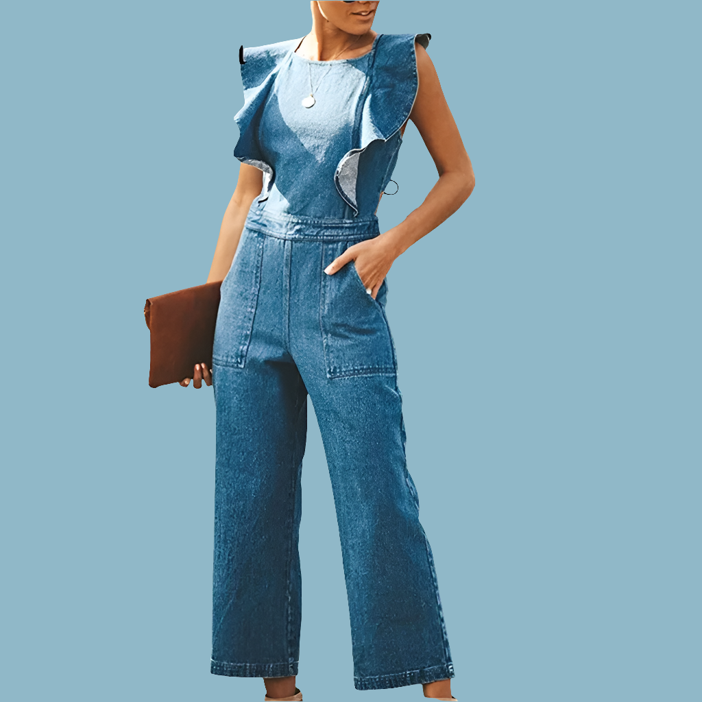Sleeveless Blue Criss-Cross Back Strap Design Women's Ruffled Backless Denim Jean Jumpsuit
