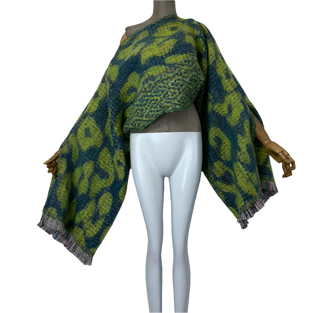 Knitted Green/Blue Leopard Long Sleeve Women's Maxi Cloak Poncho Sweater