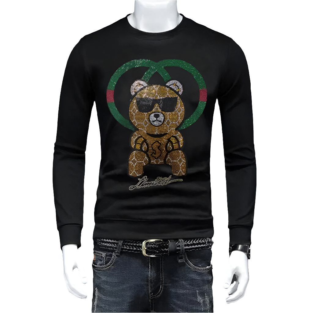 Men's Rhinestone Teddy Bear Ring Design Long Sleeve O-Neck Sweatshirt